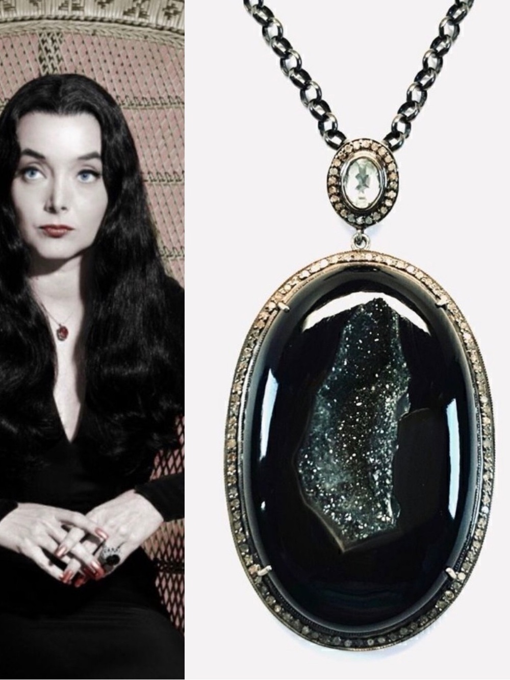 ♥️  Black Druzy Agate Pavé Diamonds White Topaz pendant necklace